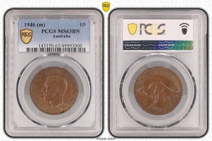 Key Date Australia 1946 KGVI Penny PCGS Graded MS63BN Choice UNC Rare CV=$4500