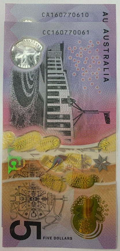 5 dollar note Australia 2016 RADAR "16077061" and "160770061"