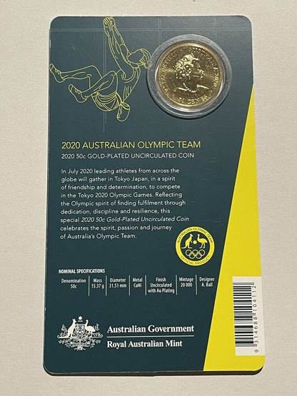 2020 Australia Olympic Team Round 50c Fifty Cents Gold Plated UNC RAM Card