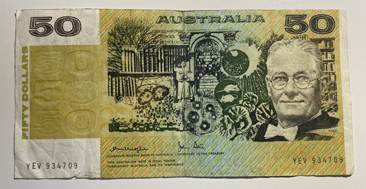 1979 Knight/ Stone $50 Fifty Dollars Australia YEV Prefix Paper Bank Note Circ