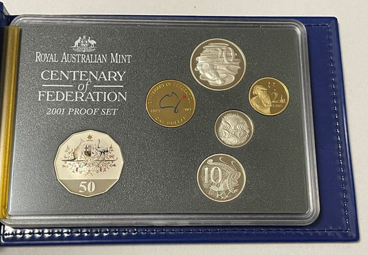 Australia 2001 Six Coin Proof Set Centenary of Federation UNC Coloured $1 & 50c