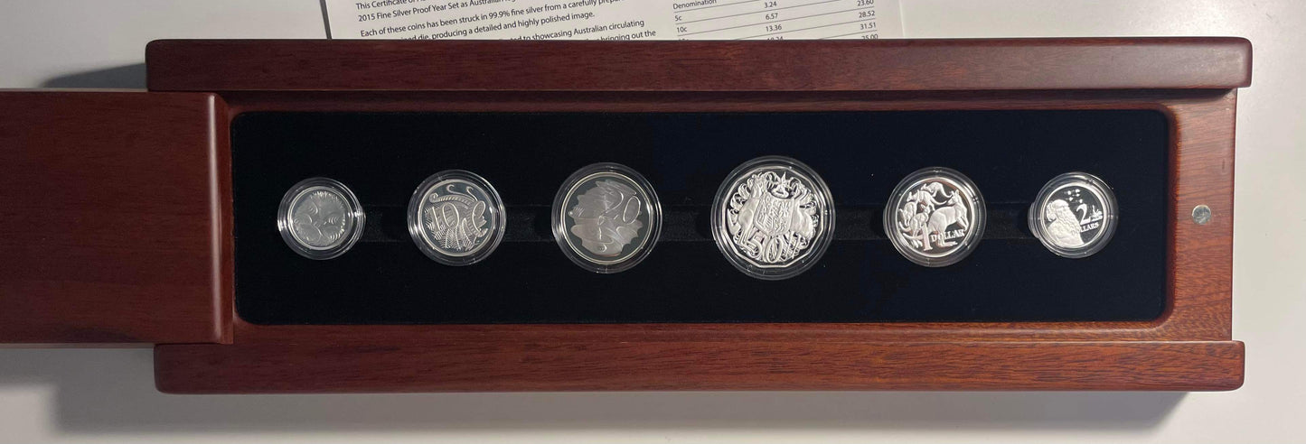 Australia 2015 Fine Silver 999 Proof 6 Coin Set QEII RARE COA #0446 Slide Case