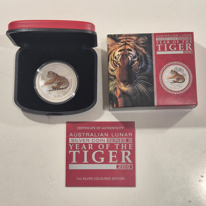 2000 Dragon proof 1oz, 2014 Horse coloured proof 1oz, 2010 Tiger coloured 1oz