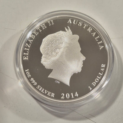 2000 Dragon proof 1oz, 2014 Horse coloured proof 1oz, 2010 Tiger coloured 1oz