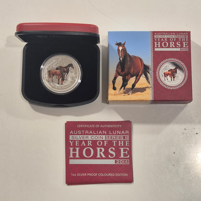 2000 Dragon proof 1oz, 2014 Horse coloured proof 1oz, 2010 Tiger coloured 1oz