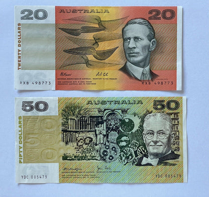 Australian $20 Twenty & $50 Fifty Dollar Paper Banknotes ONE OF EACH Circ Pair