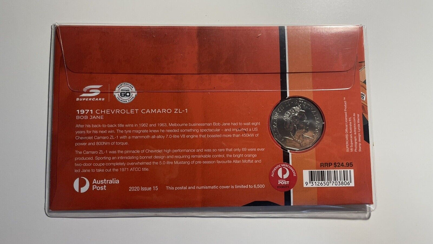 2020 Australia Supercars 50c Coin PNC Stamp & Coin Cover 1971 Chevrolet Camaro