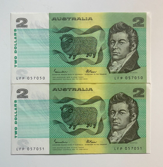 Australia $2 Two Dollar  - - TWO CONSECUTIVE NOTES a/UNC