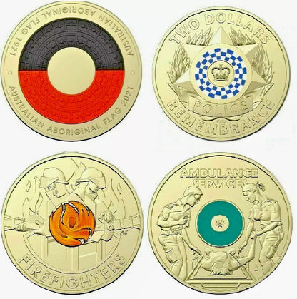 Australia $2 Coin Set - Aboriginal Flag, Ambulance, Fire & Police Coin Set UNC