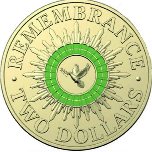 2014 $2 Green Dove Remembrance Lightly Circulated Two Dollar Coloured Coins