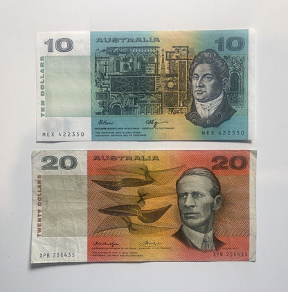 Australian $10 Ten & $20 Twenty Dollar Paper ONE OF EACH Circ Pair