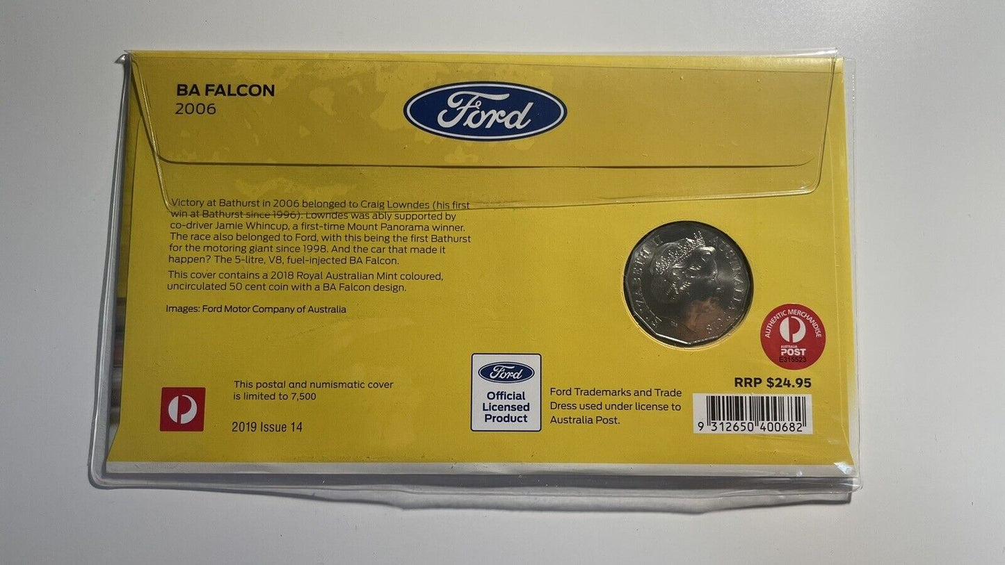 2019 Ford 2006 BA Falcon PNC/FDC RAM 50cent colored coin & $1 Ford Stamp