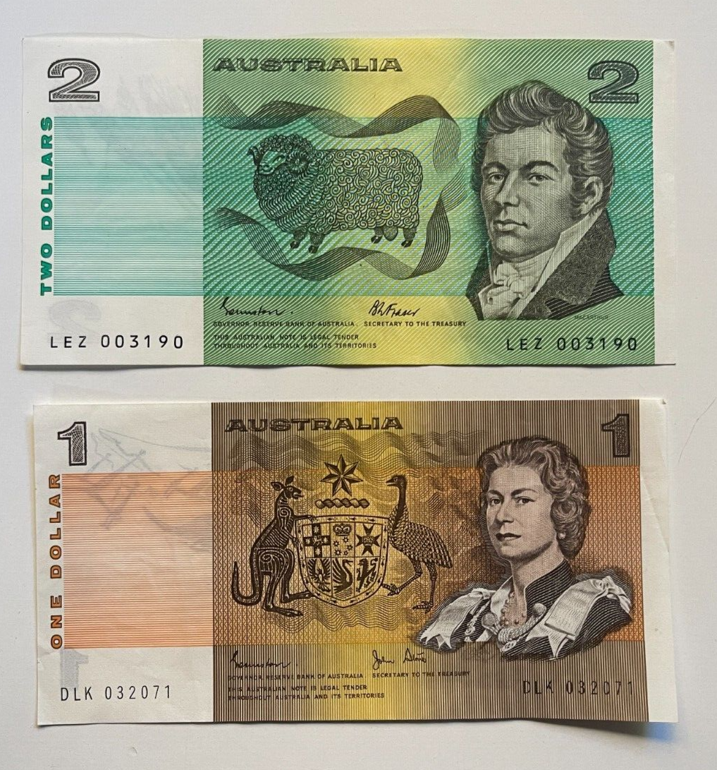 Australia $1 One & $2 Two Dollar  NOTES - - ONE OF EACH NOTE Circulated