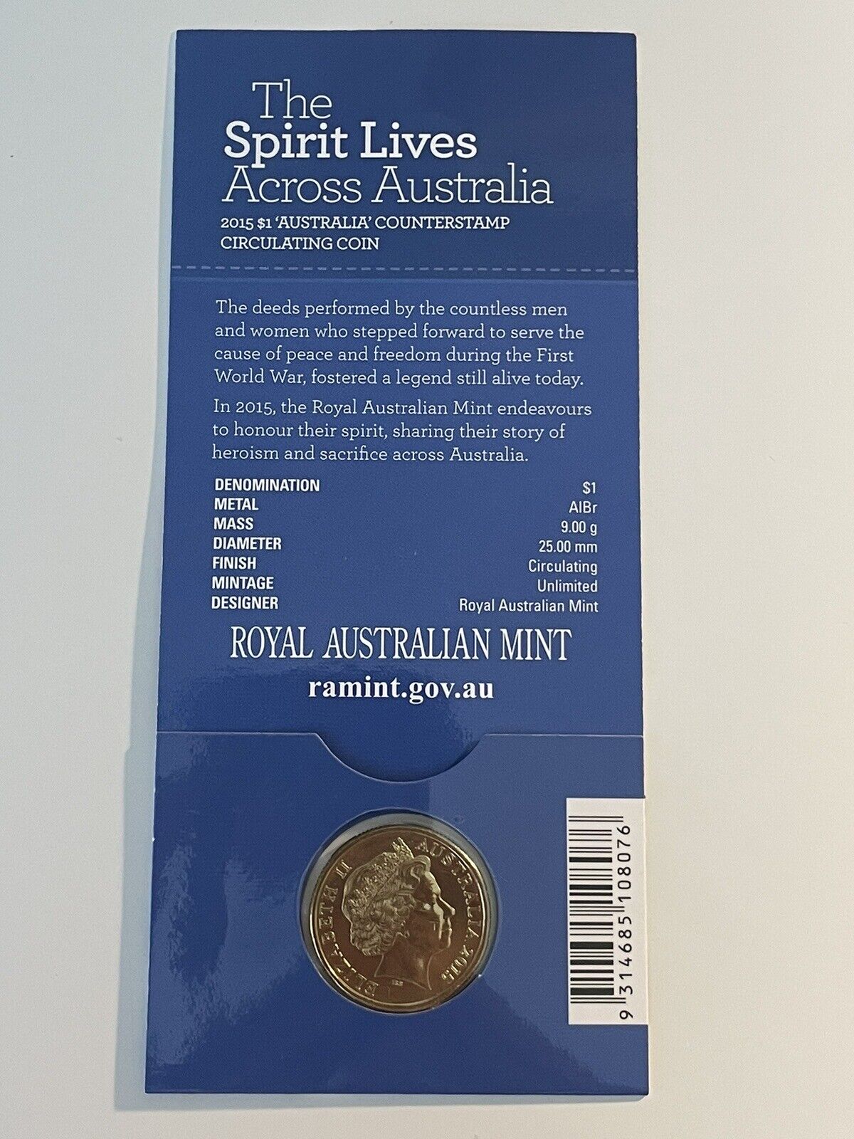 2015 $1 ANZAC The Spirit Lives Across Australia Map Counterstamp Ram Card Rare