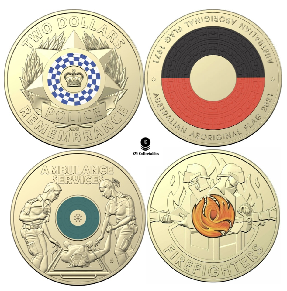 Australia $2 Coin Set - Aboriginal Flag, Ambulance, Fire & Police Coin Set UNC