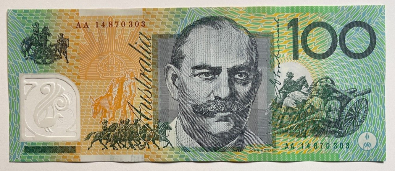 100 dollar note Australia 2014 AA First Prefix