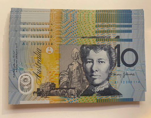 2012 Australia ‘A’ Prefix $10 dollar notes UNC from RBA Bundle AI