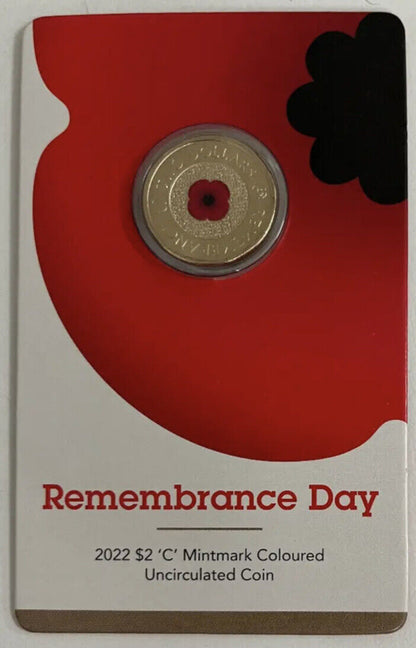 2022 $2 Two Dollar Red Poppy ‘C’ Mint Mark Coin - Remembrance Day