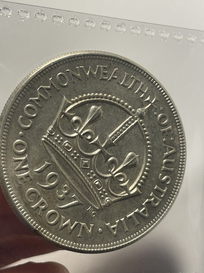 UNC Australia 1937 Silver One Crown George V Scarce Full Orb Natural Lustre