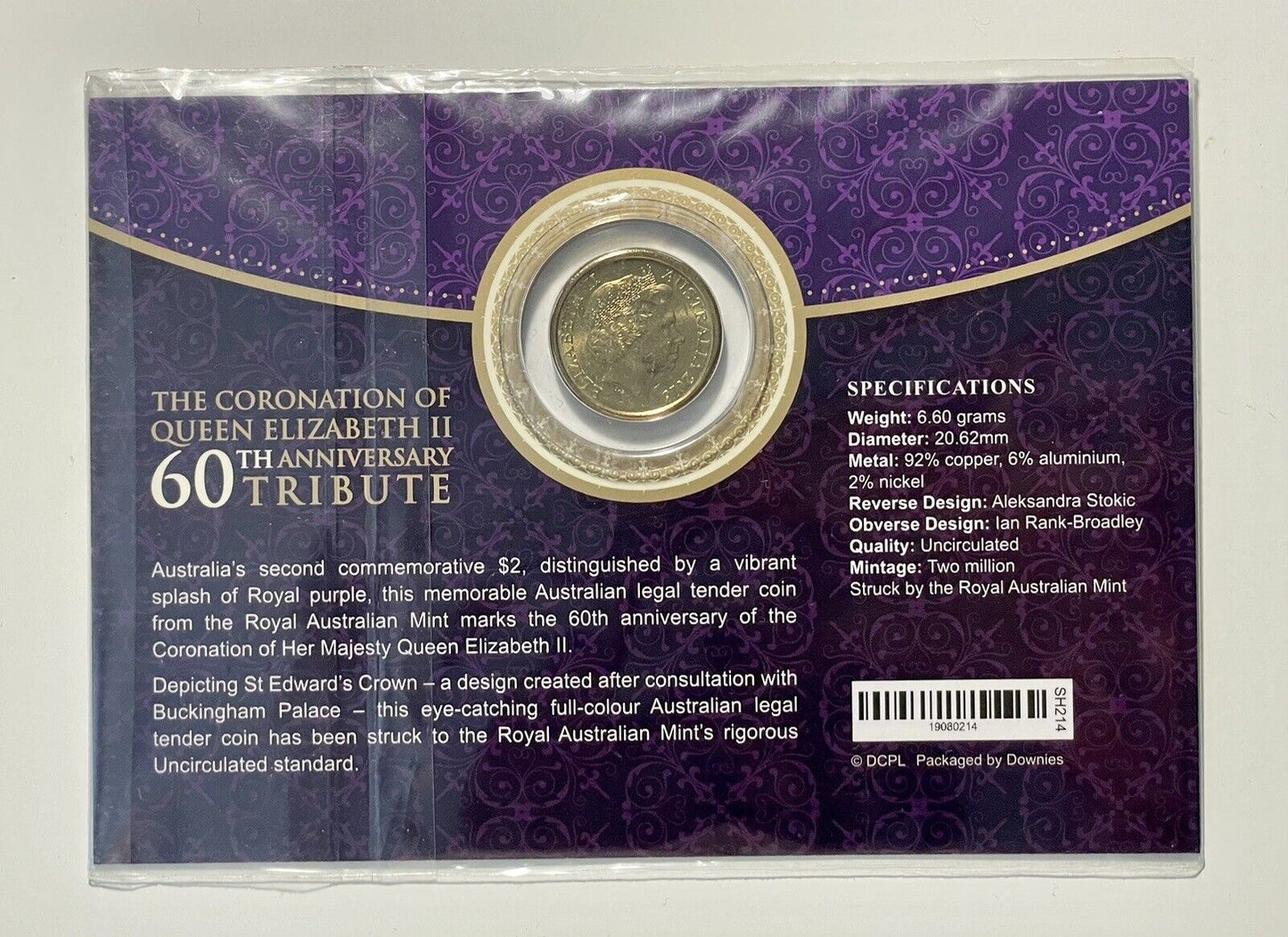 2013 $2 UNC Purple Queens Coronation Coin DOWNIES Card 60th Anniversary