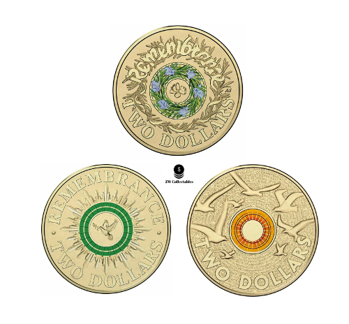 $2 Two Dollar Remembrance 3 Coin Set Green Dove️ Orange Flanders️ Rosemary