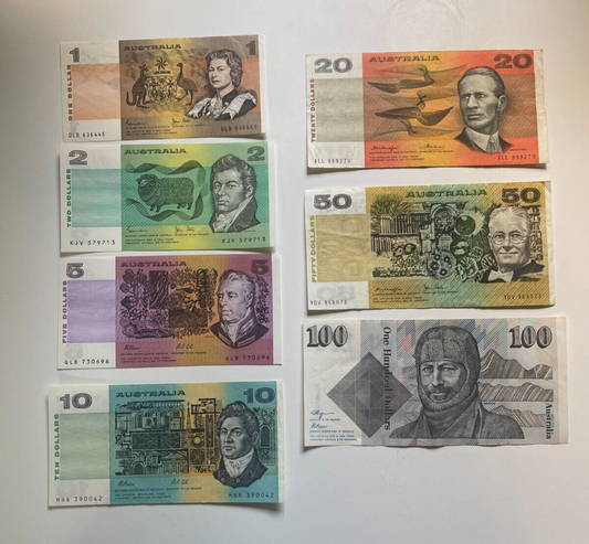 Australia banknotes $1, $2, $5, $10, $20, $50 & $100 - ONE OF EACH NOTE Circ