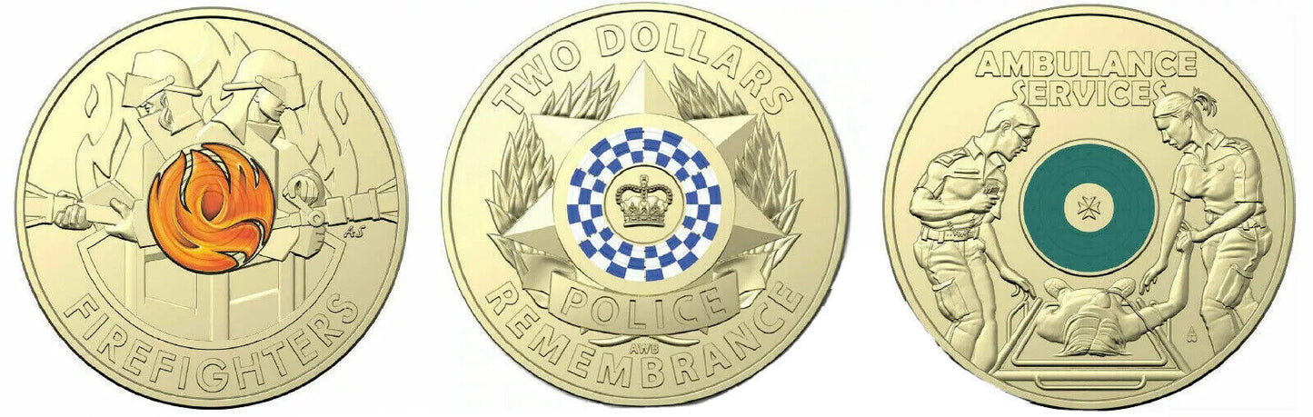 2 dollar 2019 police 2020 firefighters & 2021 ambulance coins good condition