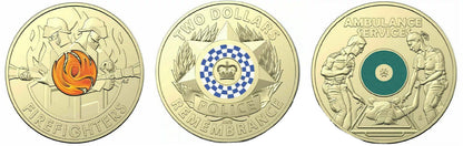 2 dollar 2019 police 2020 firefighters & 2021 ambulance coins good condition