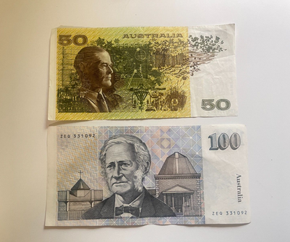 Australian $50 Fifty & $100 Hundred Dollar Paper Banknotes ONE OF EACH Circ