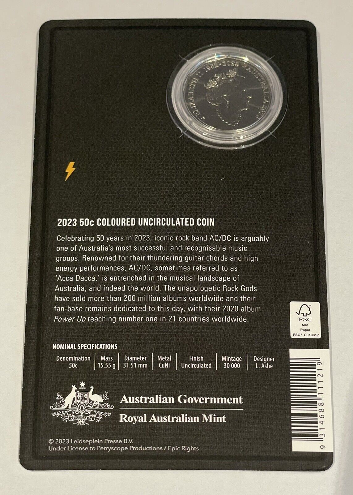 2023 RAM 50c Coloured Uncirculated Coin In Card 50th Anniversary ACDC IN HAND