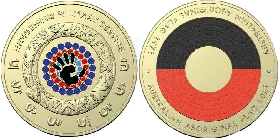 2021 $2 Aboriginal Flag UNC Two Dollar Coloured Coin + 2021 Indigenous Military