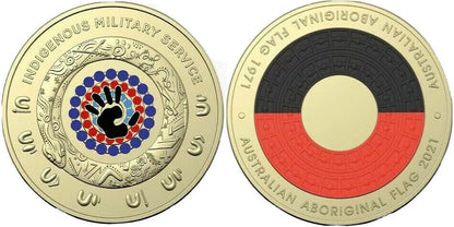 2021 $2 Aboriginal Flag UNC Two Dollar Coloured Coin + 2021 Indigenous Military