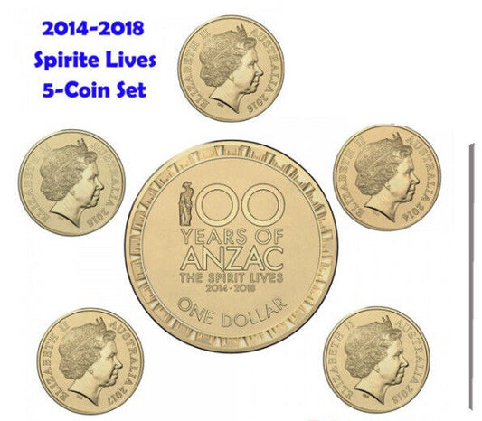 2014-2018 Australian $1 100 Years of ANZAC 5 coin set Circulated condition