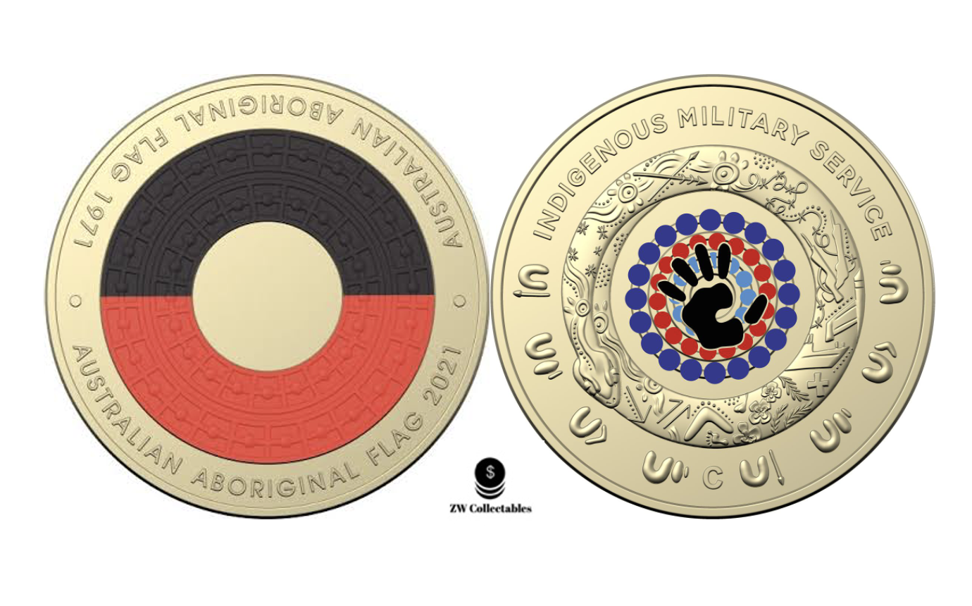 2021 $2 Aboriginal Flag UNC Two Dollar Coloured Coin + 2021 Indigenous Military