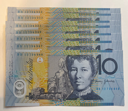 2012 Australia ‘B’ Prefix $10 dollar notes UNC from RBA Bundle