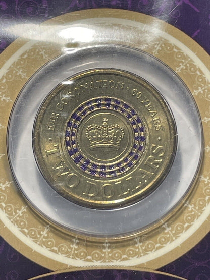 2013 $2 UNC Purple Queens Coronation Coin DOWNIES Card 60th Anniversary