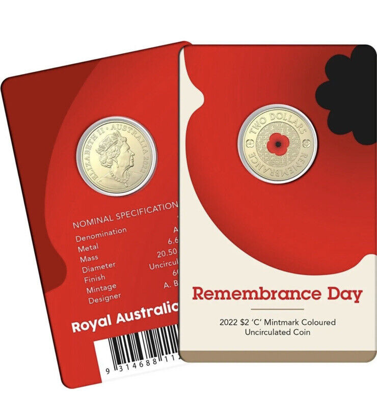 2022 $2 Two Dollar Red Poppy ‘C’ Mint Mark Coin - Remembrance Day