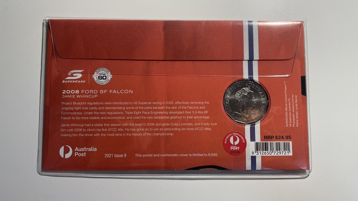 2021 Supercars Ford BF Falcon PNC/FDC RAM 50 cent colored coin & $1 Ford Stamp