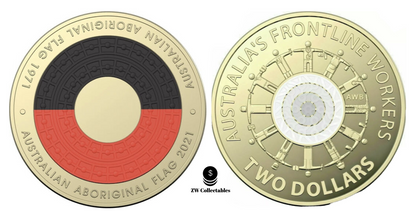 2022 $2 Coloured coin set of two Frontline Workers & Aboriginal Flag UNC