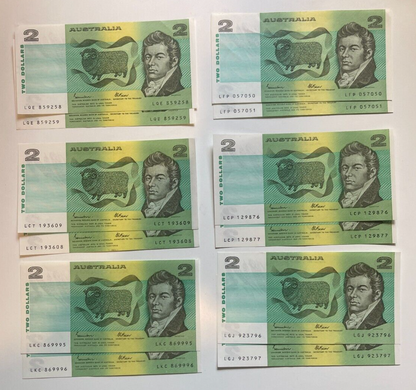 Australia $2 Two Dollar  - - TWO CONSECUTIVE NOTES a/UNC