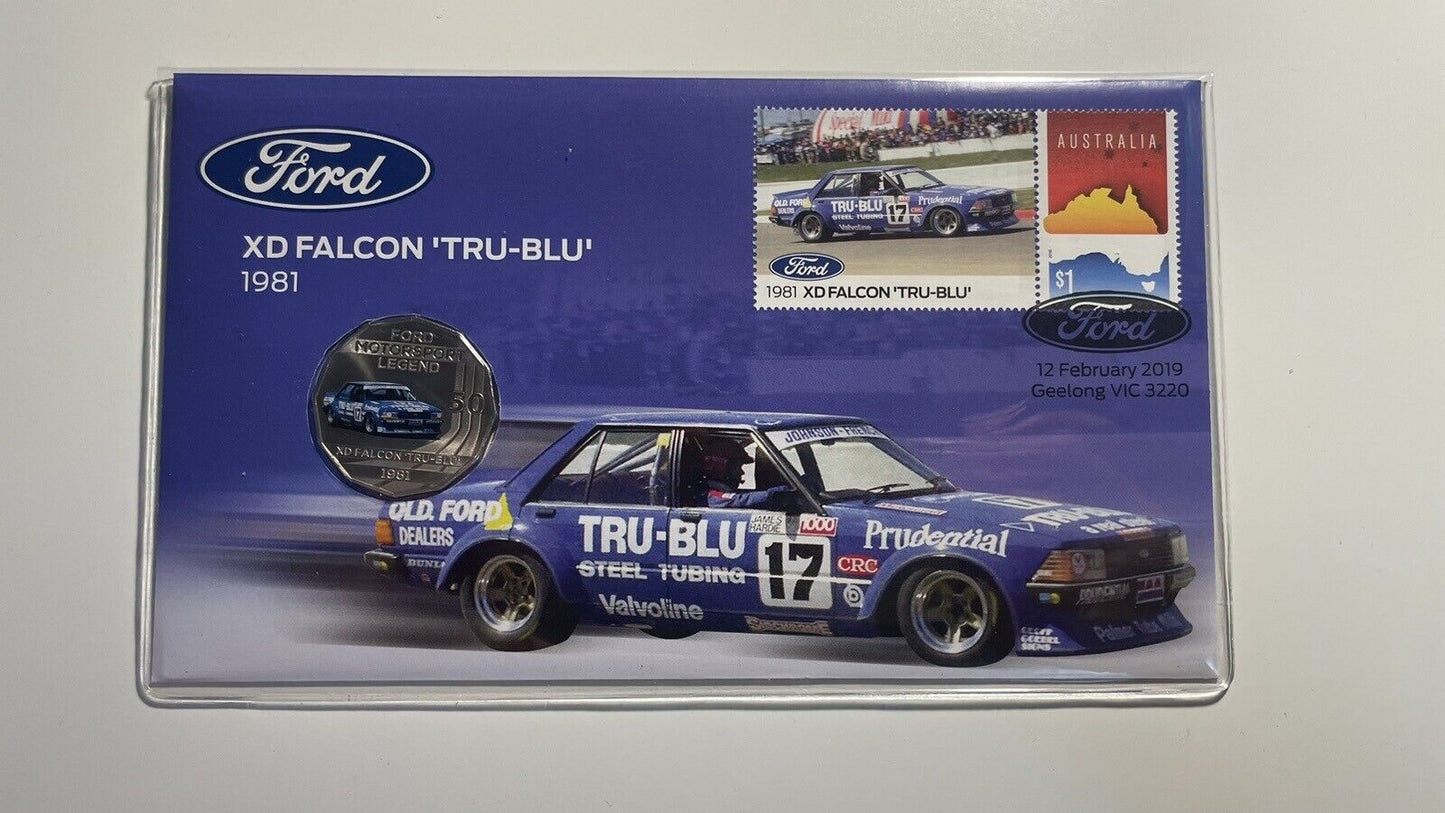 2019 Ford 1981 XD FALCON TRU-BLU PNC/FDC RAM 50cent colored coin & $1 Ford Stamp