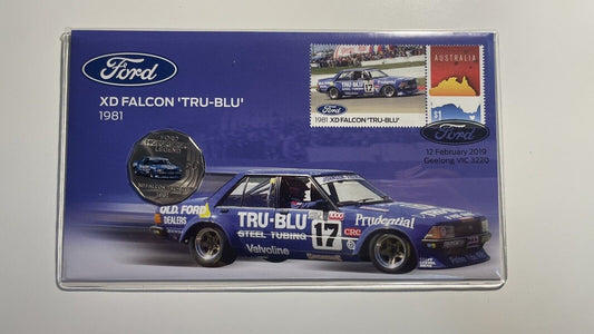 2019 Ford 1981 XD FALCON TRU-BLU PNC/FDC RAM 50cent colored coin & $1 Ford Stamp