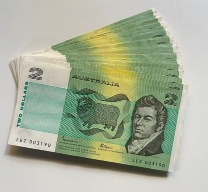 Australia $1 One & $2 Two Dollar  NOTES - - ONE OF EACH NOTE Circulated