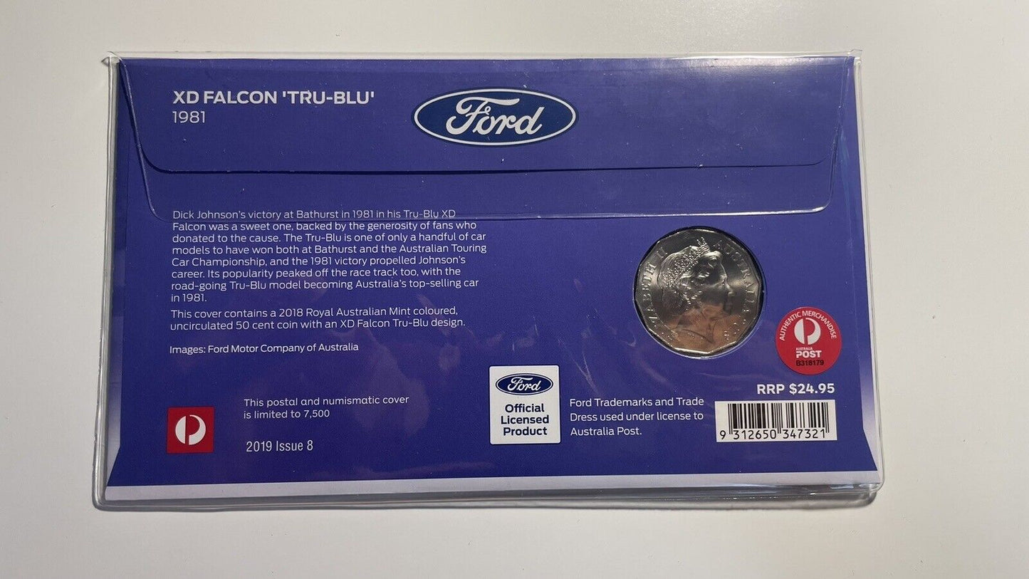 2019 Ford 1981 XD FALCON TRU-BLU PNC/FDC RAM 50cent colored coin & $1 Ford Stamp