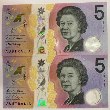 5 dollar note Australia 2016 matching serials a/UNC